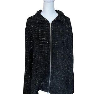 Black Tweed Zip-Front Jacket with Subtle Metallic Thread